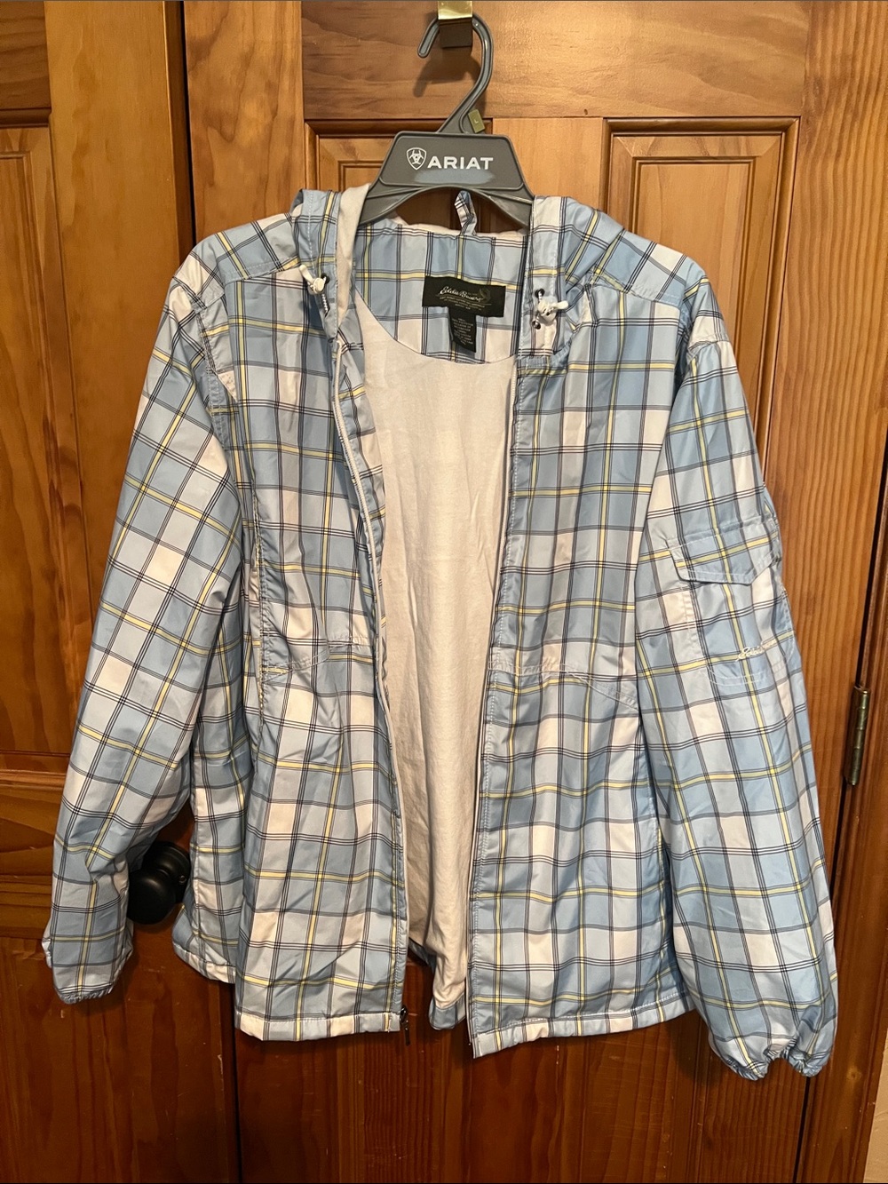 Eddie Bauer Light Blue and White Plaid Hooded Puffer Jacket